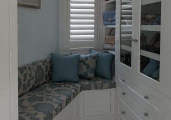Custom chair cushions and feature cushions with timber blinds-shutters open